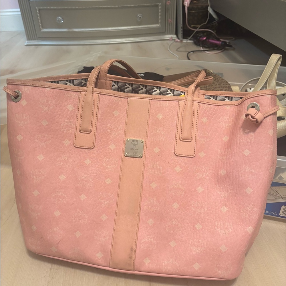 MCM authentic Pink Tote Bag with Textured Design